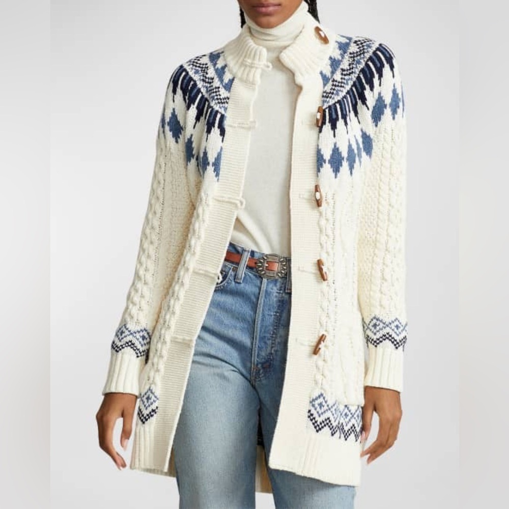 Polo Ralph Lauren Fair Isle Toggle Cardigan Ivory Cable Knit Nordic Sweater M